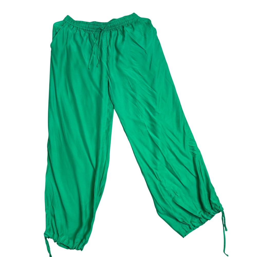 Gold Hawk 100% Silk Pants Women's M Green Elastic Waist Drawstring Flowy